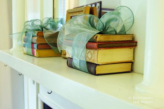 Books wrapped by Blue Dupioni Ribbons by Balsam Hill