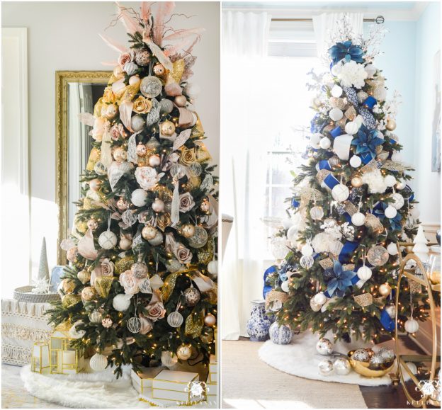 Side-by-side photo of decorated artificial Christmas trees with LED and traditional lights