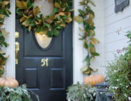 Front door with magnolia foliage wreath and garland and pumkins