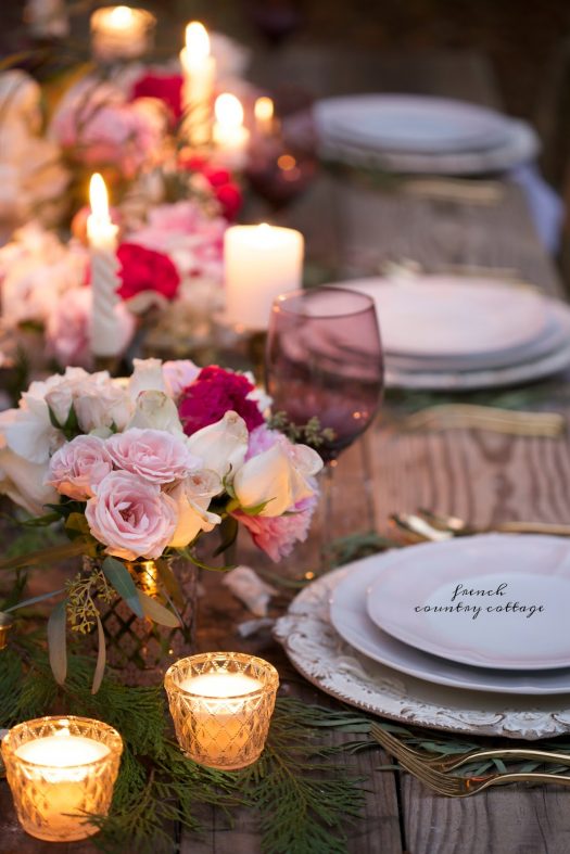 Courtney of French Country Cottage outdoor tablescape with flowers and candles