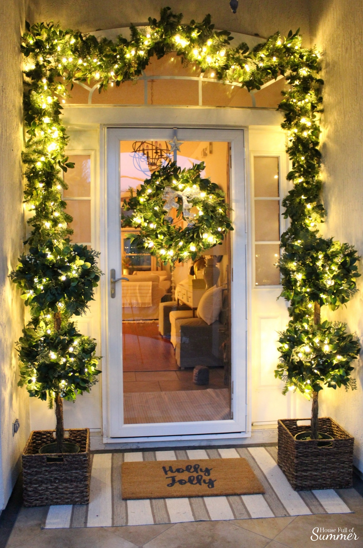 Decorating with pre-lit White Berry Cypress Wreath, Garland, and Topiaries