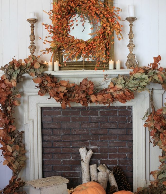 Fall decorations on mantel