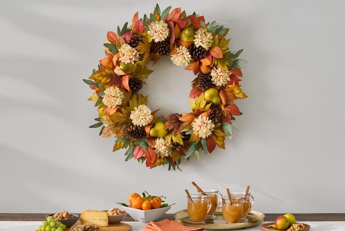 A pear fall wreath as fall decoration on a dessert table
