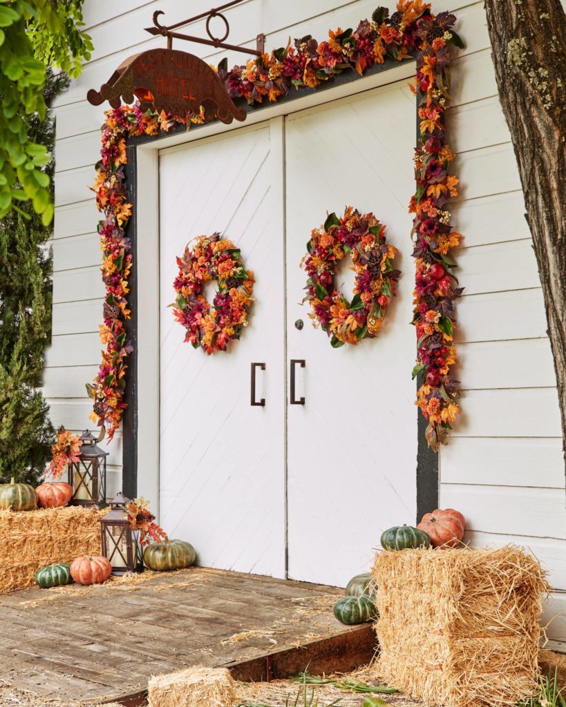 Balsam Hill Autumn Market Artificial Fall Wreath and Garland on double doors