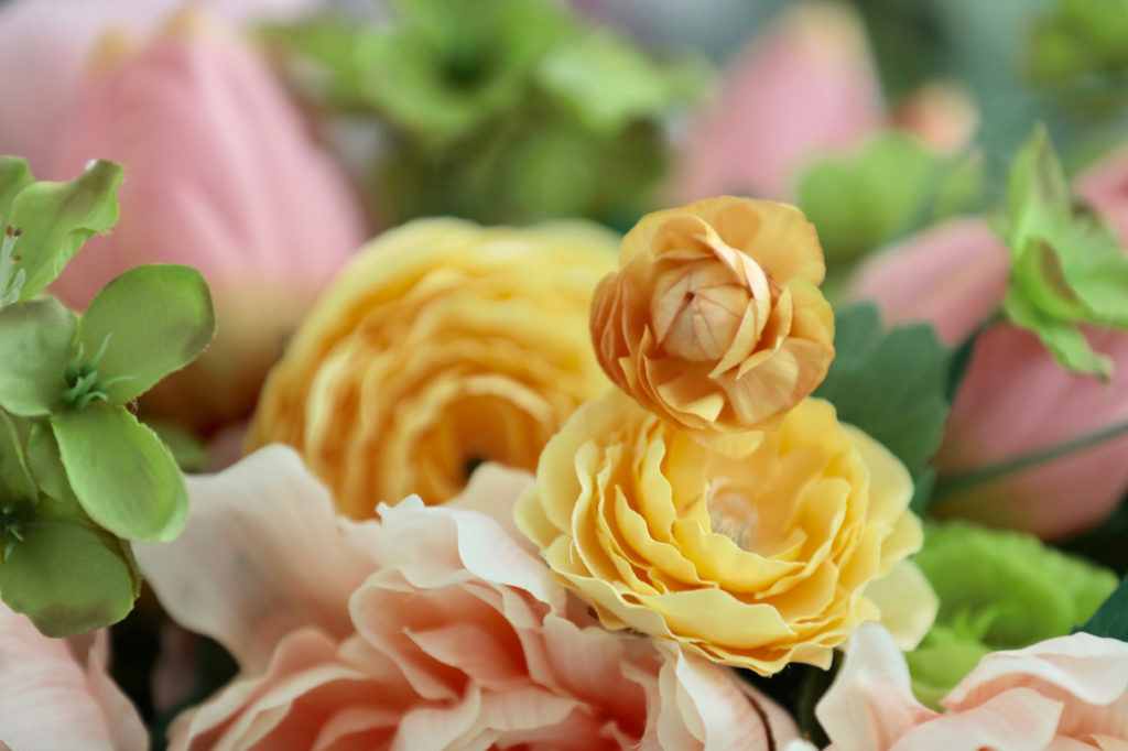 Real ranunculus placed next to an artificial ranunculus flowers