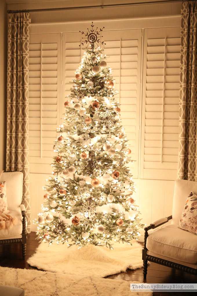 Pre-lit frosted Christmas tree with French Country decorations