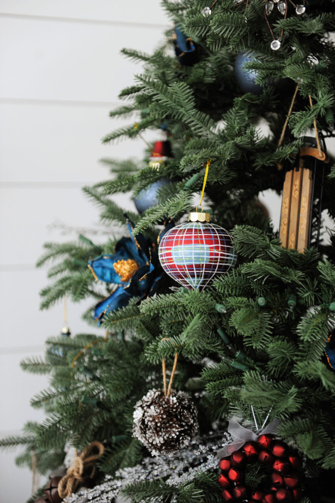 Close-up of vintage-inspired ornaments on Christmas tree