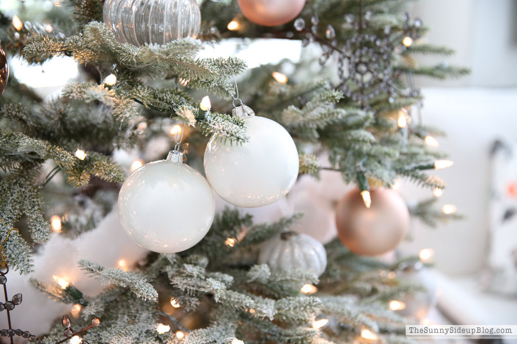 Close up of ball ornaments on Christmas tree