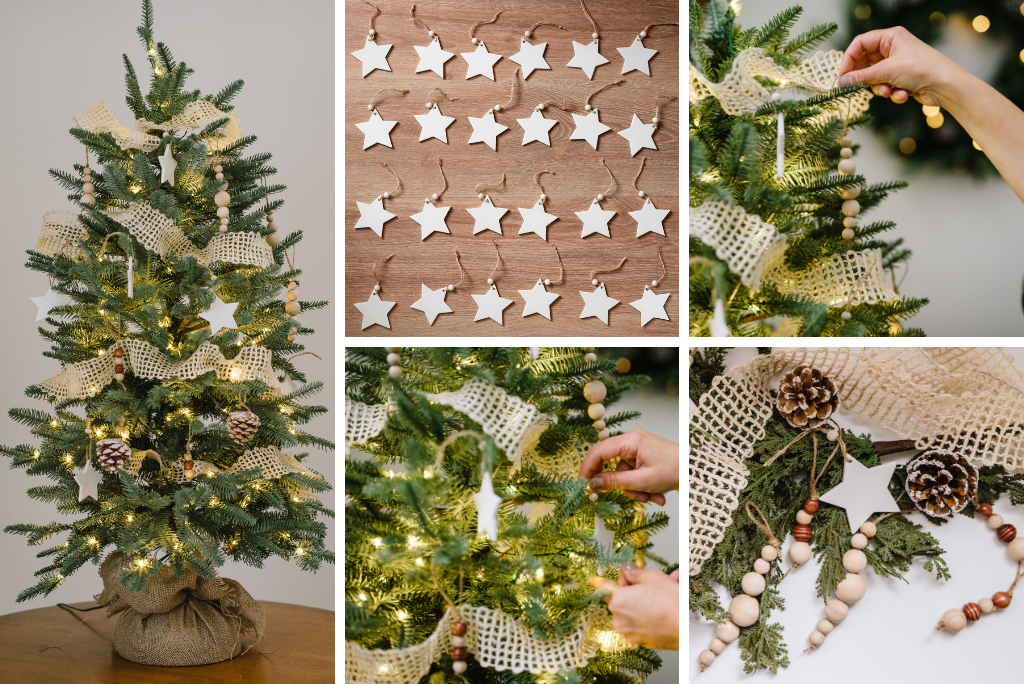 collage of cozy neutral small christmas tree, porcelain star ornaments, wooden bead ornements, pinecone ornaments