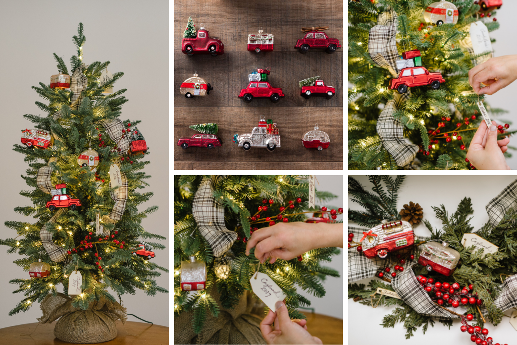 balsam fir tabletop small christmas tree with vintage-style car and truck ornaments, red berry picks, DIY wooden memory tags