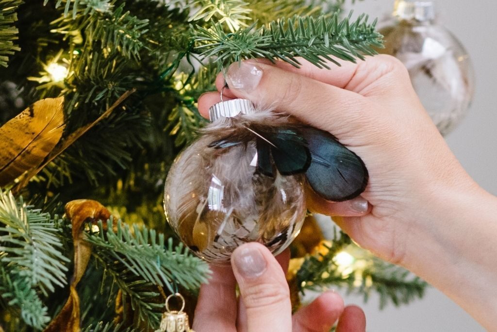hang diy glass ball feather ornament