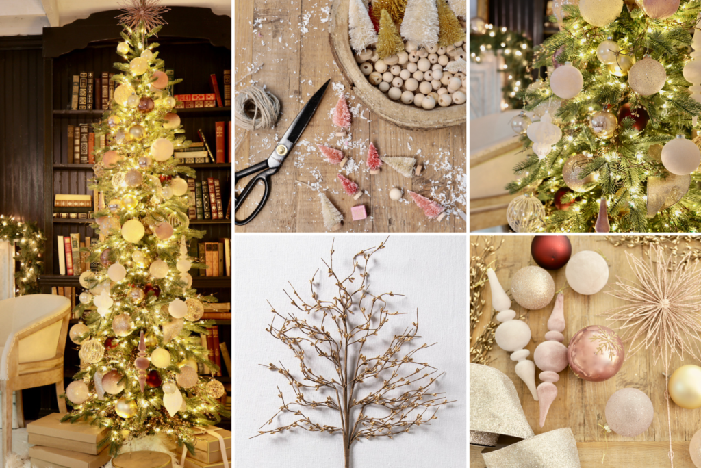 A collage of photos showing a Christmas tree and assorted ornaments