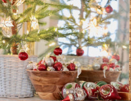 vintage christmas theme ornaments in bowl