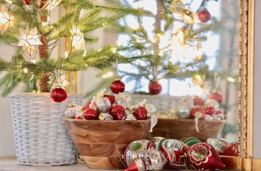 vintage christmas theme ornaments in bowl