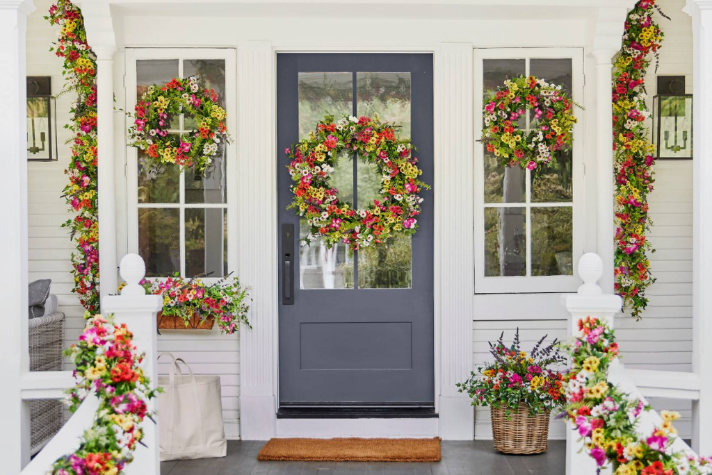 Balsam Hill Outdoor Meadow wreaths, garlands, window box, and potted foliage on front porch