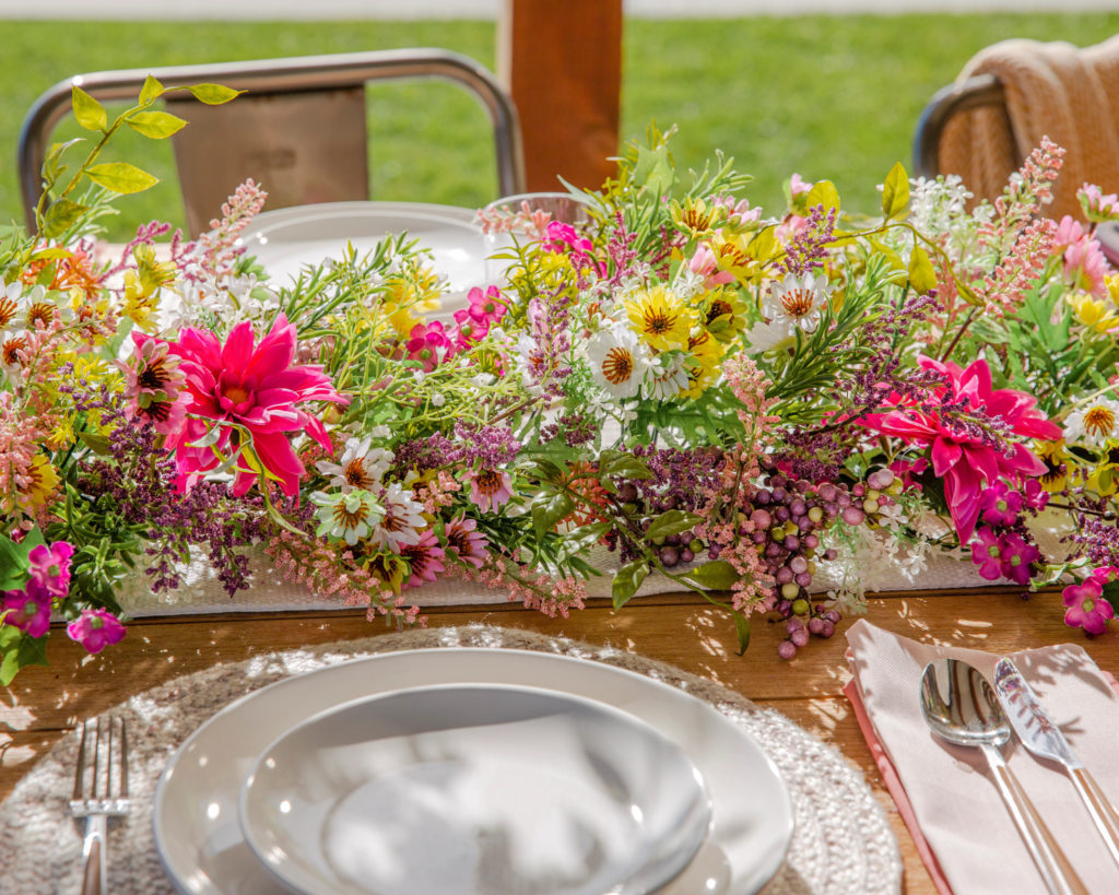Balsam Hill Outdoor Wildflower Fields Garland used as table centerpiece