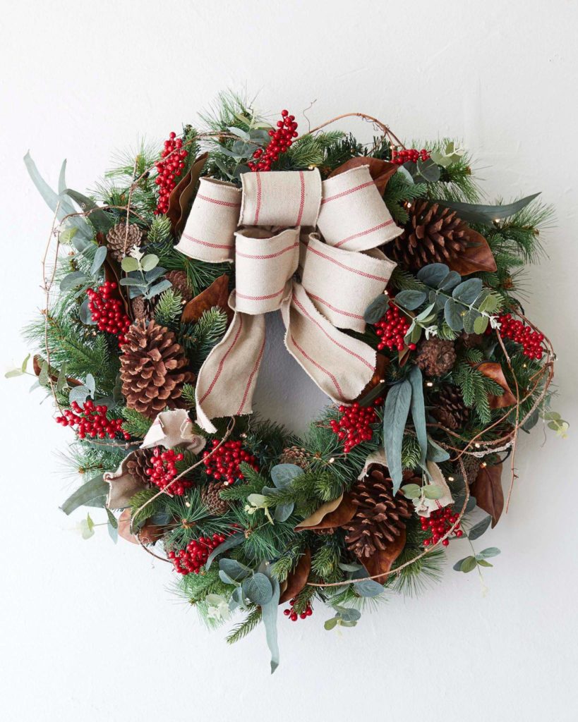 Balsam Hill Farmhouse Christmas wreath with burlap bow