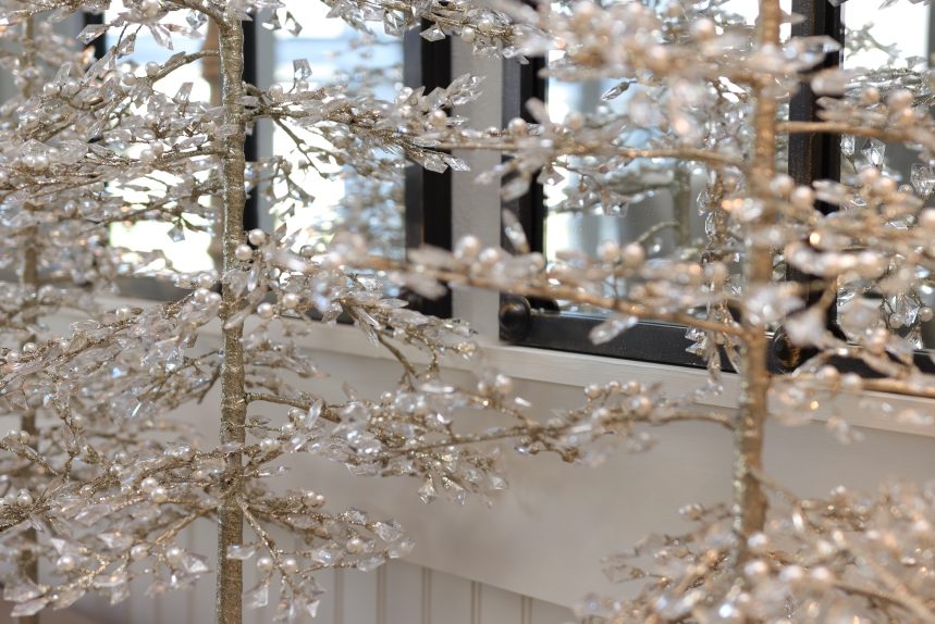 Detail shot of Balsam Hill Crystal and Pearl Accent Trees