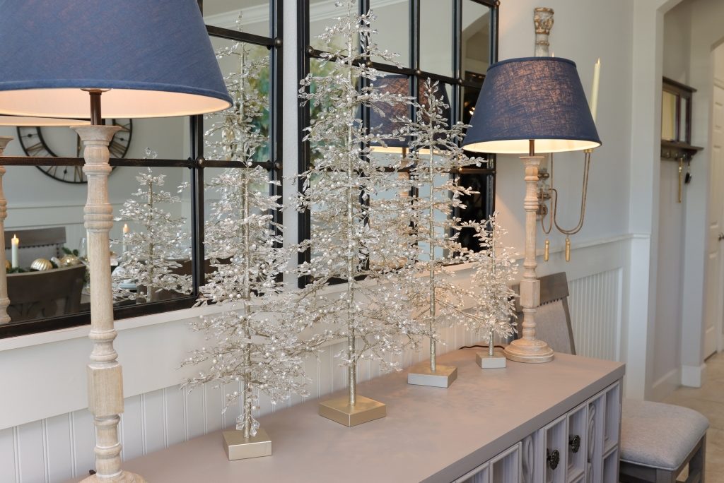 Crystal and pearl accent trees as Christmas dining room decor