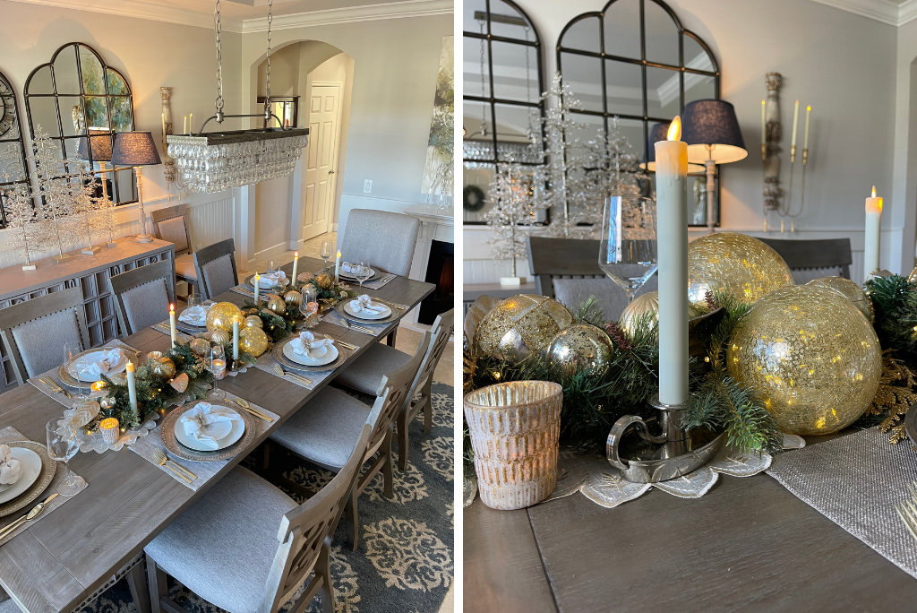 Gold and champagne-themed Christmas dining room with garland, LED candles, and mercury glass candle holders as centerpiece