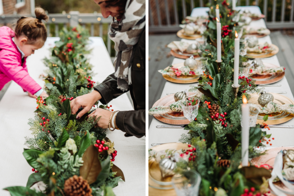 A child and a woman fixing a Christmas garland as a table centerpiece