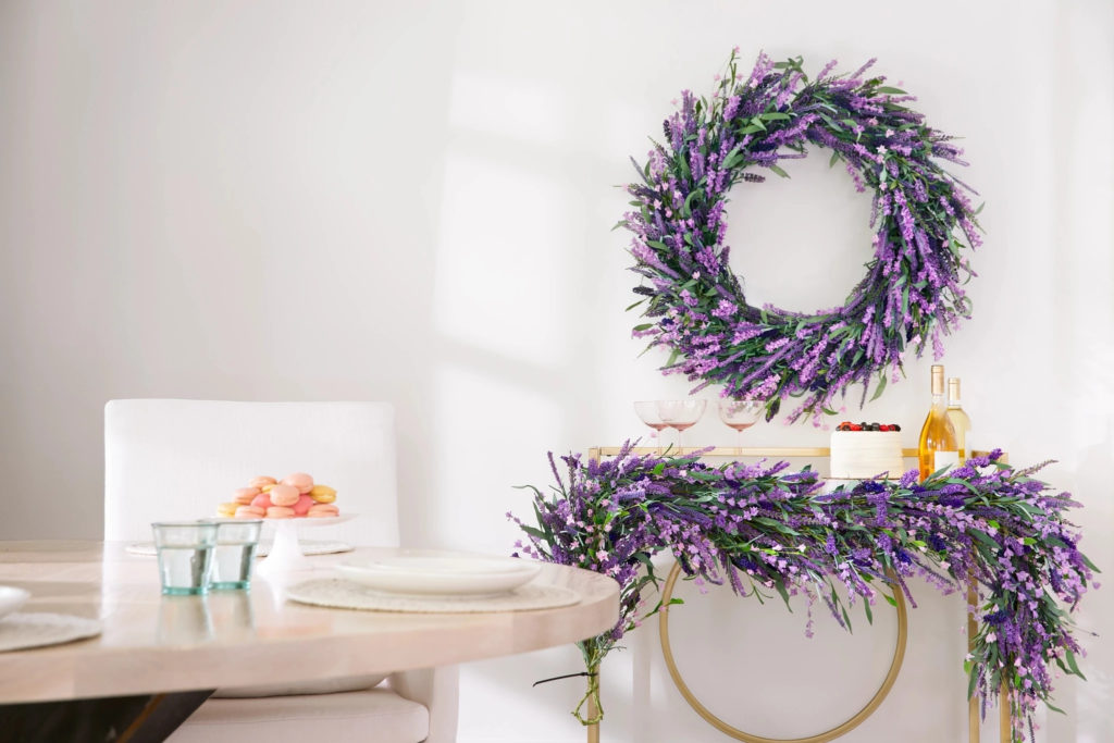 Balsam Hill Lavender Wreath and Garland on a dessert table