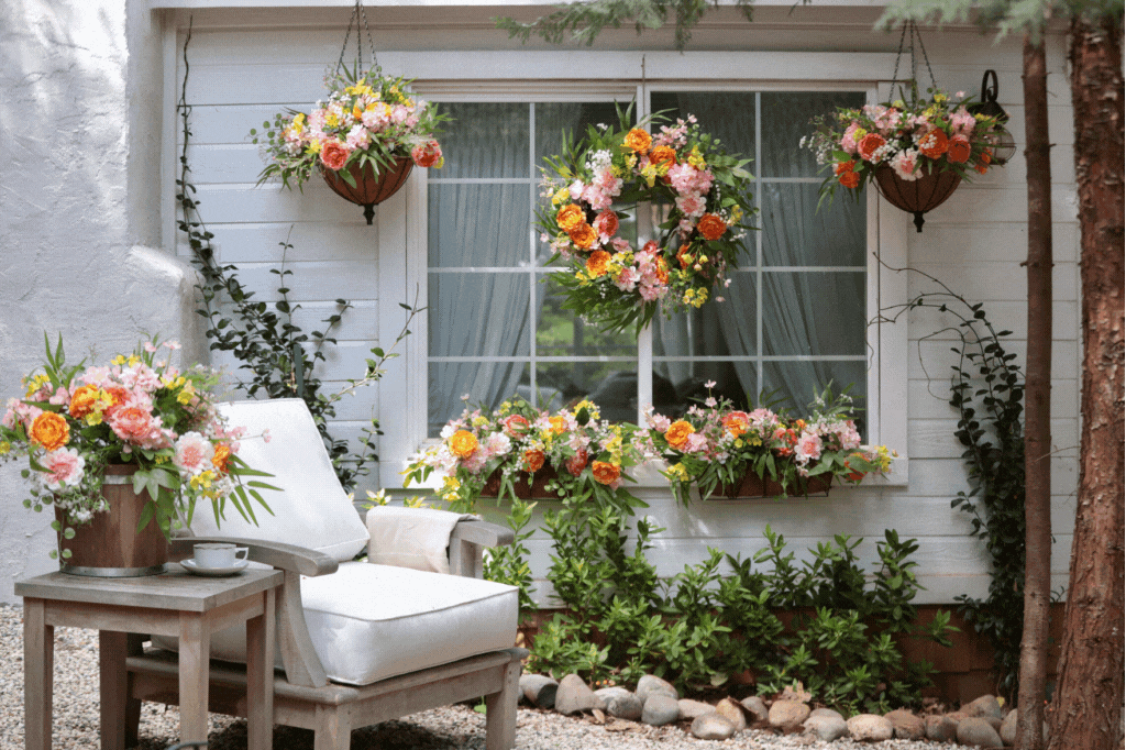 An assortment of artificial floral wreaths, garlands, window boxes, and hanging basket planters as spring window decorations