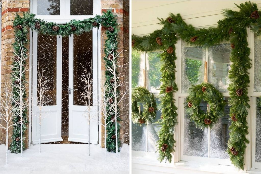 Collage of a front door and windows decorated with artificial greenery in winter
