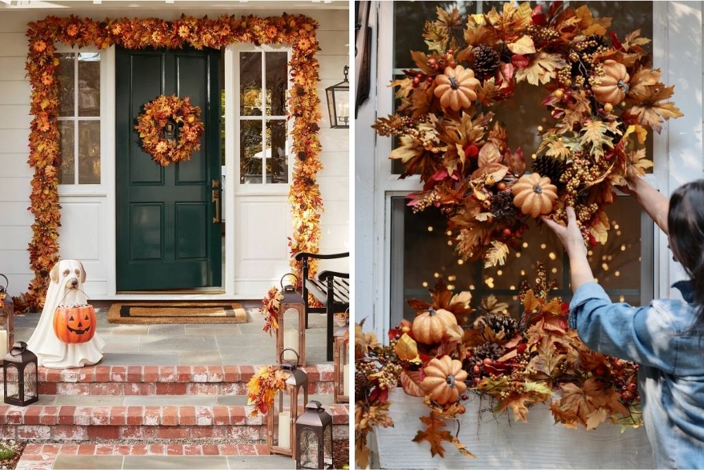 Collage of a decorated front door with fall foliage and a woman hanging a fall wreath on a window