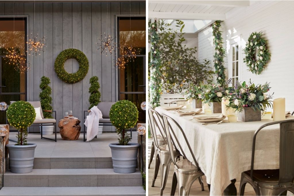 Collage of a porch decorated with artificial greenery and flowers