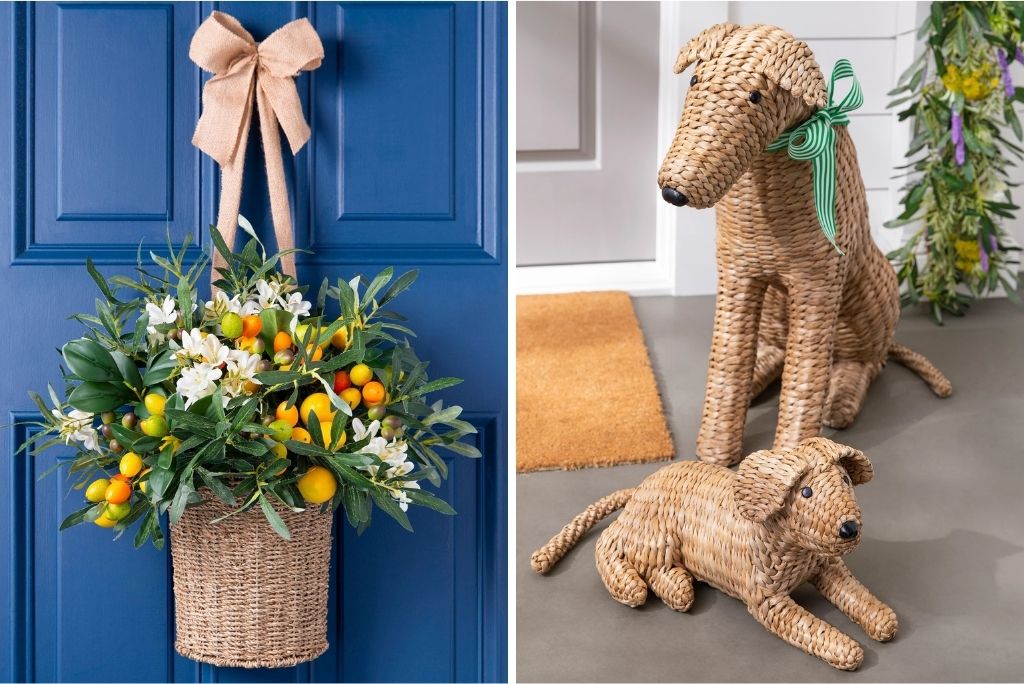 Collage of a floral hanging basket on a blue front door and woven seagrass pups on a porch