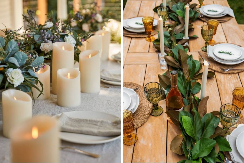 Collage featuring flameless LED candles and garlands on outdoor tables