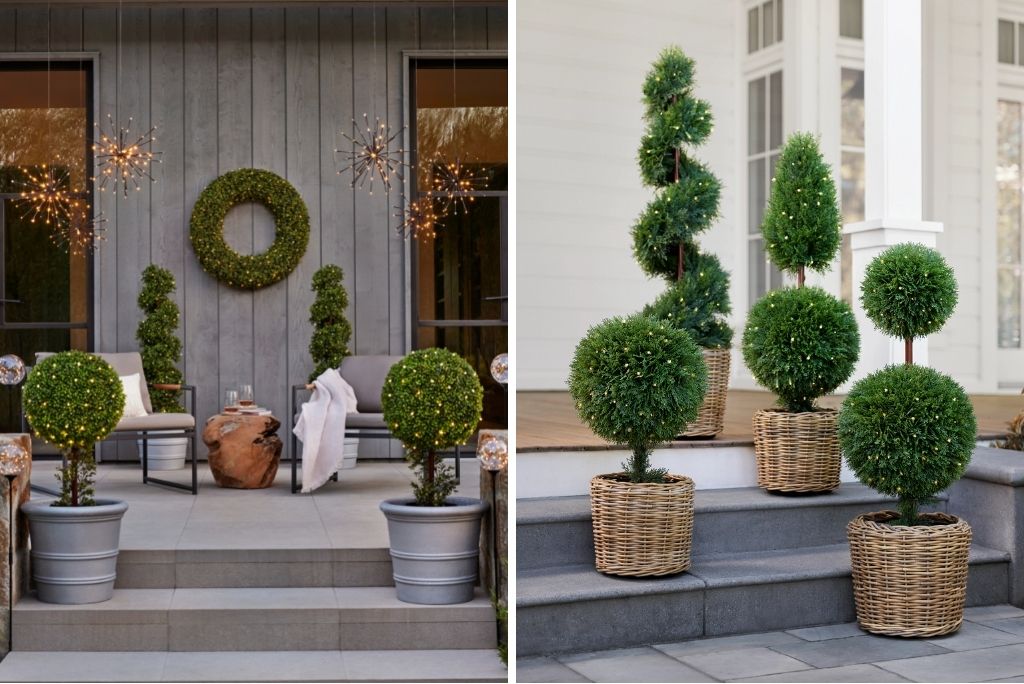 Collage featuring pre-lit topiaries and greenery on the porch