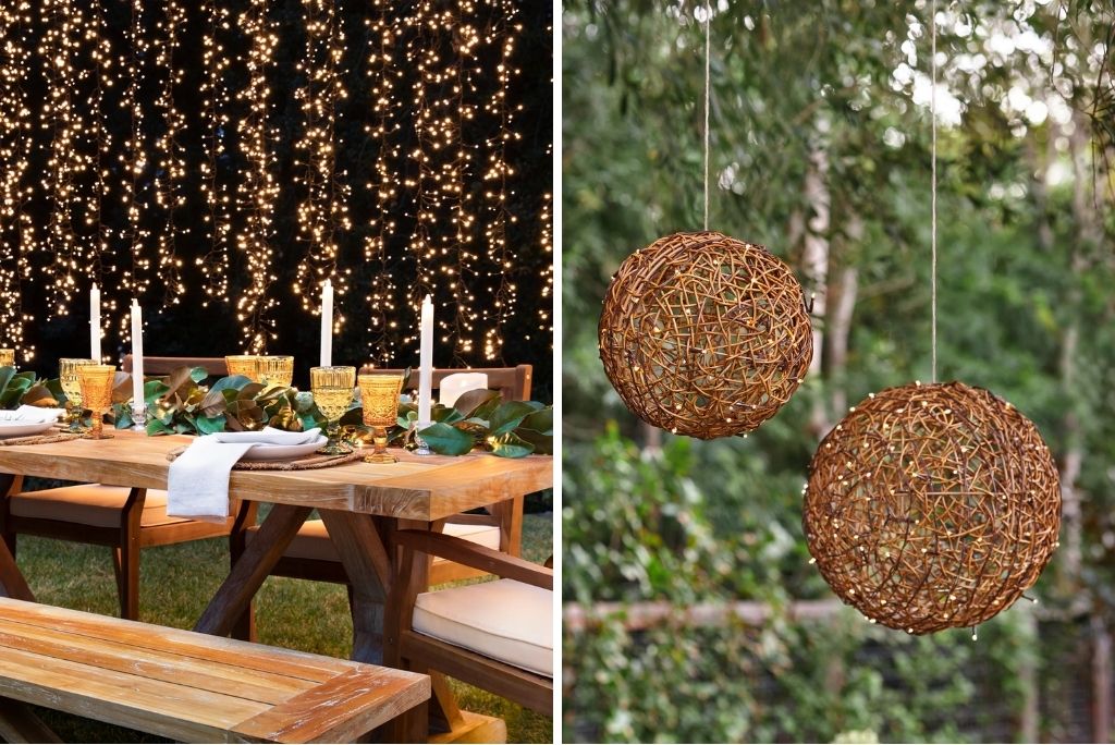 Collage featuring outdoor dining table with hanging lights background and hanging orb lights outdoors