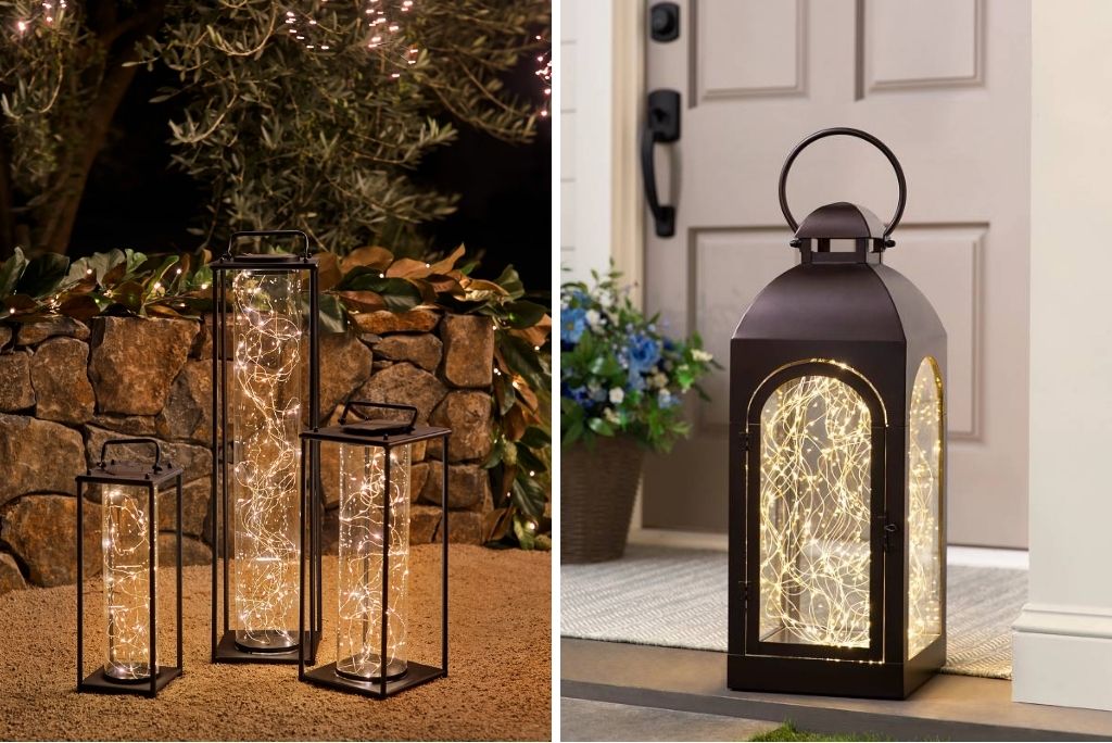 Collage featuring outdoor fairy light lanterns