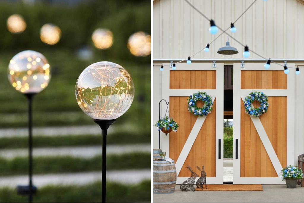 Collage featuring pathway lights and blue hanging lights in front of barn door