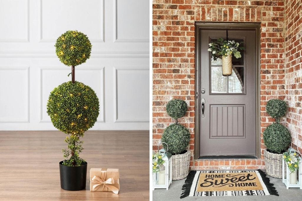 Balsam Hill Double Ball Boxwood Artificial Topiary used as spring door decorations