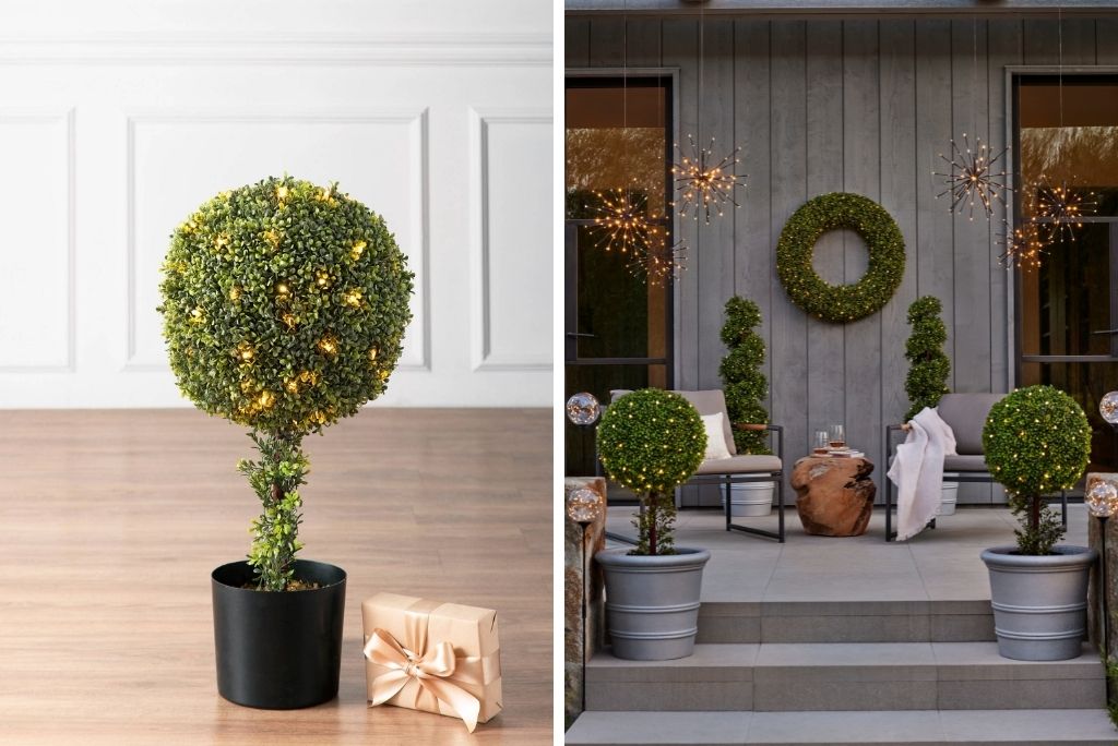 Balsam Hill Outdoor Boxwood Topiaries as patio spring decorations