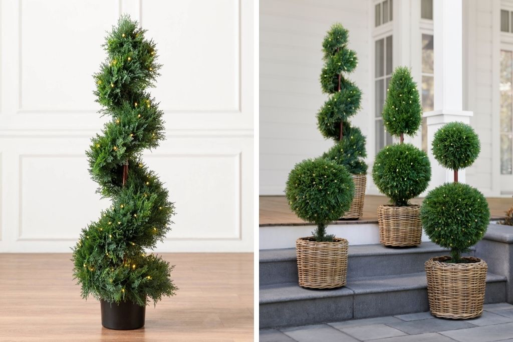 Balsam Hill Outdoor Cypress Artificial Topiary on exterior steps as spring decorations