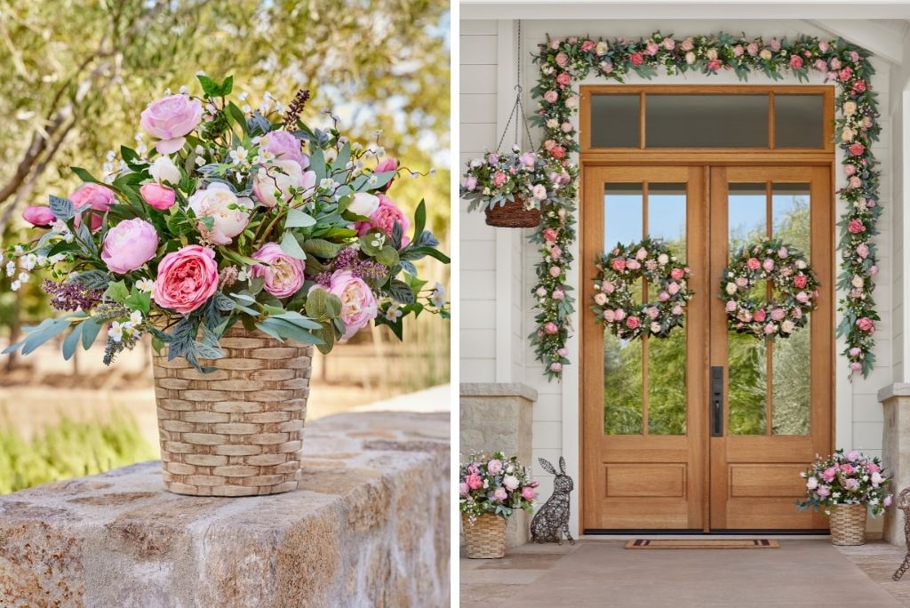 Spring flower arrangement featuring pink roses and assorted leaves styled on the garden and front doors