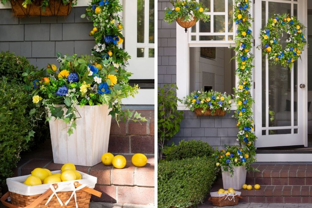 Artificial plant with blue and yellow flowers used as spring home decorations