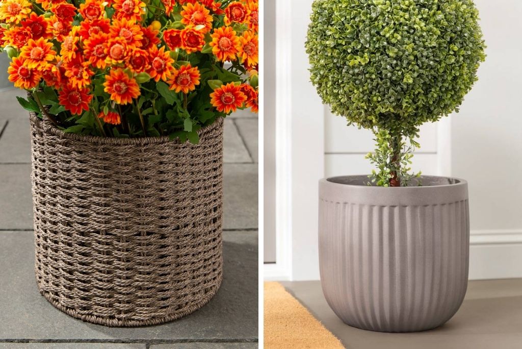 Woven basket and fluted resin planters
