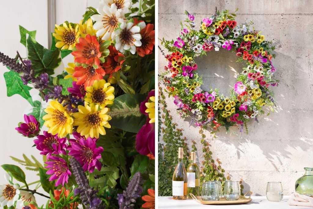 Wildflower artificial wreath displayed outdoors