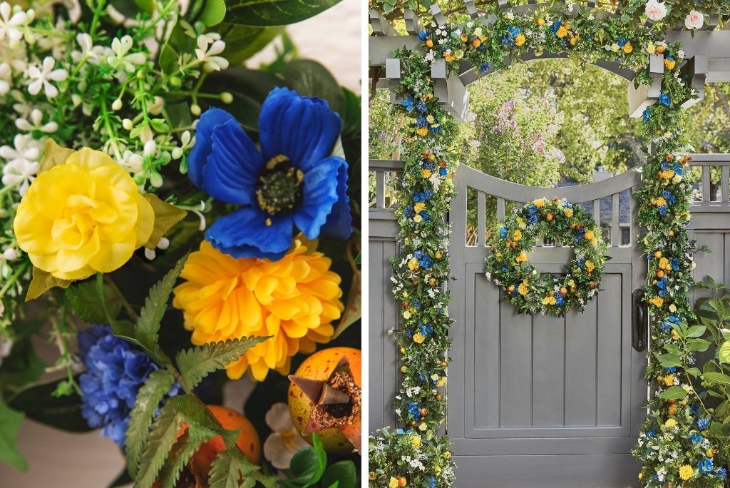 Yellow and blue artificial decor flowers for outdoors
