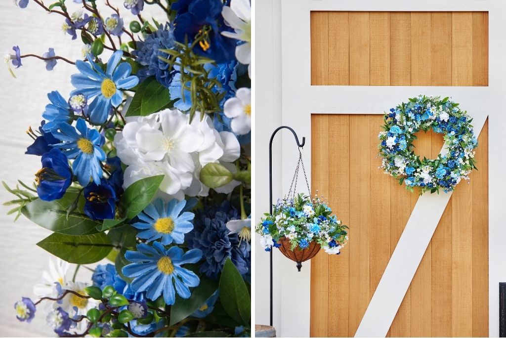 Blue and white floral wreath and hanging basket