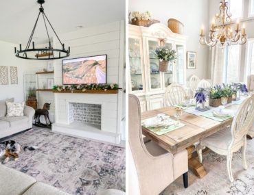 Collage showing a Tuscan living room and a Farmhouse-inspired dining room