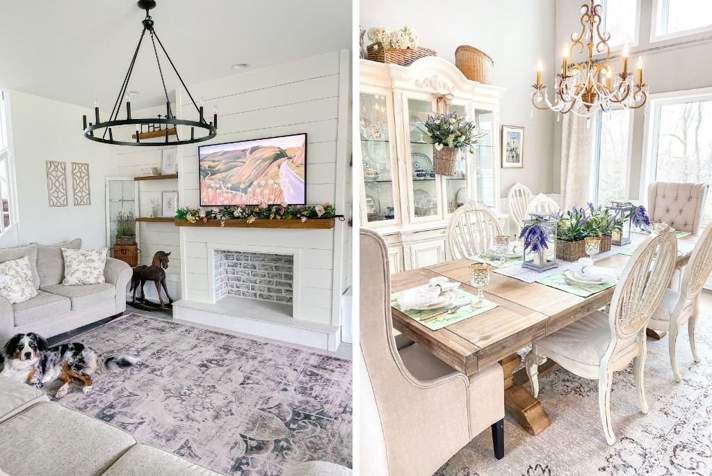 Collage showing a Tuscan living room and a Farmhouse-inspired dining room