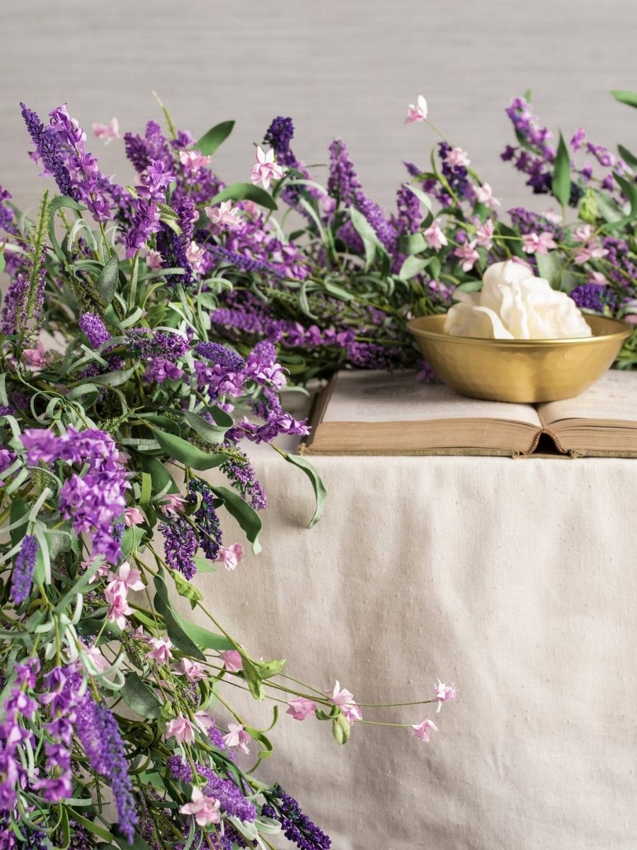 Lavender garland on top of a table as spring decoration