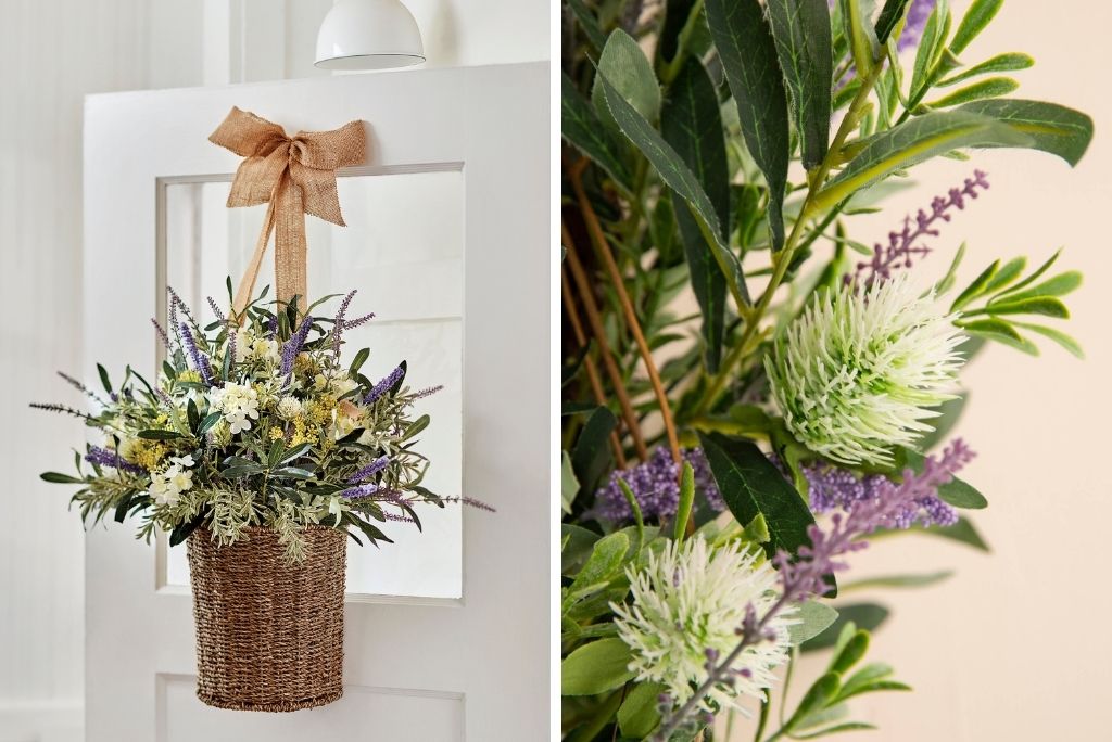 French-inspired artificial hanging basket with burlap ribbon
