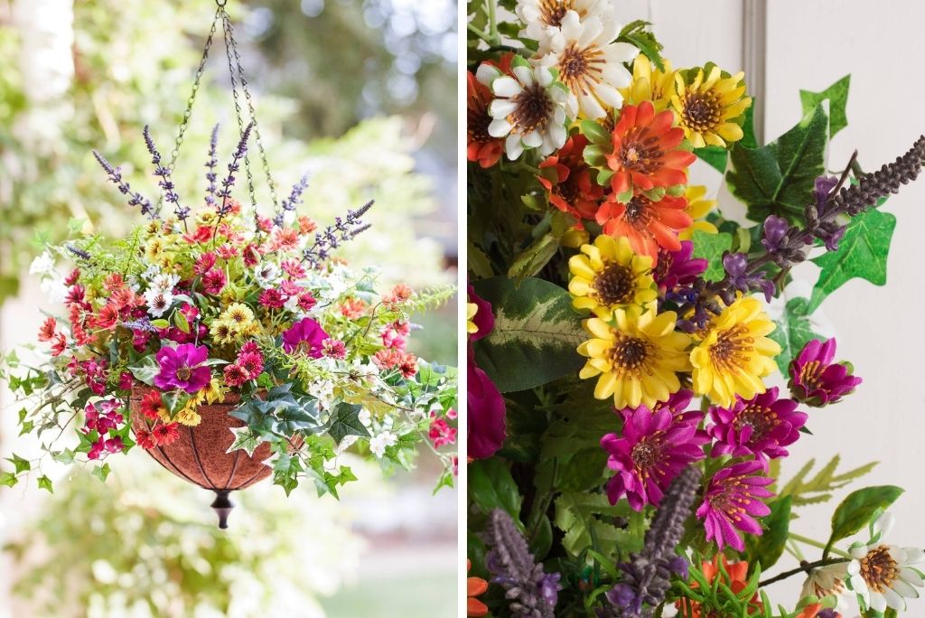 An array of colorful artificial hanging flowers